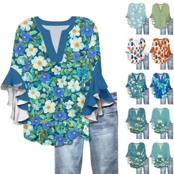 Рубашки с рукавами 3/4 для женщин, симпатичные футболки с графическим принтом, блузки, повседневные, больших размеров, базовые топы с оборками на рукавах, пуловеры L белый