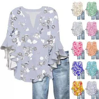 Рубашки с рукавами 3/4 для женщин, симпатичные футболки с графическим принтом, блузки, повседневные, больших размеров, базовые топы с оборками на рукавах, пуловеры M бежевый