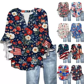 Рубашки с рукавами 3/4 для женщин, симпатичные футболки с графическим принтом, блузки, повседневные, больших размеров, базовые топы с оборками на рукавах, пуловеры XXL синий