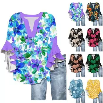 Рубашки с рукавами 3/4 для женщин, симпатичные футболки с графическим принтом, блузки, повседневные, больших размеров, базовые топы с оборками на рукавах, пуловеры S розовый