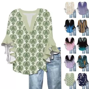 Рубашки с рукавами 3/4 для женщин, симпатичные футболки с графическим принтом, блузки, повседневные, больших размеров, базовые топы с оборками на рукавах, пуловеры XXL розовый