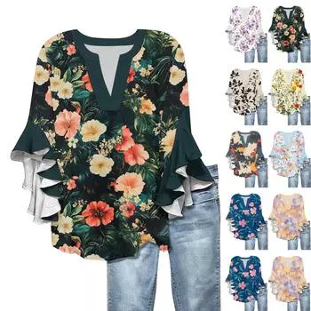 Рубашки с рукавами 3/4 для женщин, симпатичные футболки с графическим принтом, блузки, повседневные, больших размеров, базовые топы с оборками на рукавах, пуловеры S бежевый