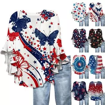 Рубашки с рукавами 3/4 для женщин, симпатичные футболки с графическим принтом, блузки, повседневные, больших размеров, базовые топы с оборками на рукавах, пуловеры M тёмно-синий