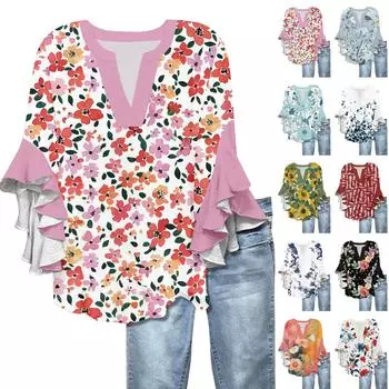 Рубашки с рукавами 3/4 для женщин, симпатичные футболки с графическим принтом, блузки, повседневные, больших размеров, базовые топы с оборками на рукавах, пуловеры S