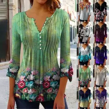 Рубашки с рукавами 3/4 лепестка для женщин, футболки, блузки, повседневные базовые топы, пуловер со складками и пуговицами с принтом L чёрный