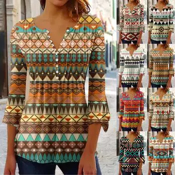 Рубашки с рукавами 3/4 лепестка для женщин, футболки, блузки, повседневные базовые топы, пуловер со складками и пуговицами в этническом стиле с принтом L бежевый