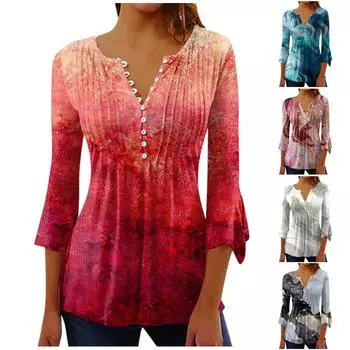 Рубашки с рукавами 3/4 лепестка для женщин, футболки, блузки, повседневные базовые топы с v-образным вырезом, плиссированная футболка на пуговицах с принтом, топ