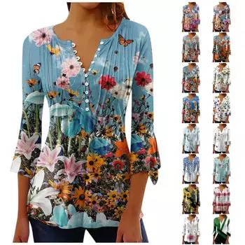 Рубашки с рукавами 3/4 лепестка для женщин, футболки, блузки, повседневные базовые топы, пуловер со складками и пуговицами с принтом L синий