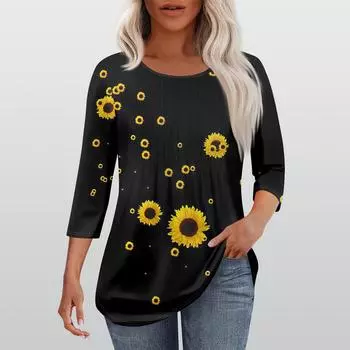 Рубашки с рукавом 3/4 для женщин, модные, повседневные, с круглым вырезом, с принтом, футболка, топ L чёрный