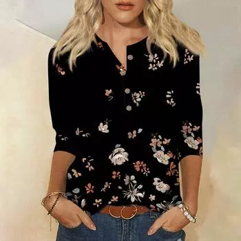 Рубашки с рукавом 3/4 для женщин, милые футболки с графическим принтом, блузки, повседневные базовые топы больших размеров, пуловеры L чёрный