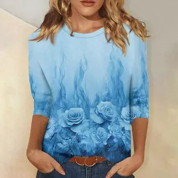 Рубашки с рукавом 3/4 для женщин, милые футболки с графическим принтом, блузки, повседневные базовые топы больших размеров, пуловеры XXXXXL синий