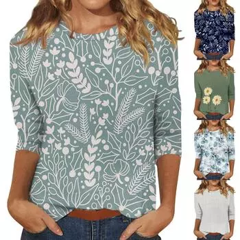 Рубашки с рукавом 3/4 для женщин, милые топы, футболки с рисунком, блузки, повседневные базовые топы больших размеров, пуловеры L