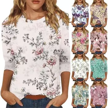 Рубашки с рукавом 3/4 для женщин, футболки с графическим принтом, блузки, повседневные базовые топы, пуловеры L бежевый