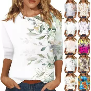 Рубашки с рукавом 3/4 для женщин, футболки с графическим принтом, блузки, повседневные базовые топы, пуловеры L синий