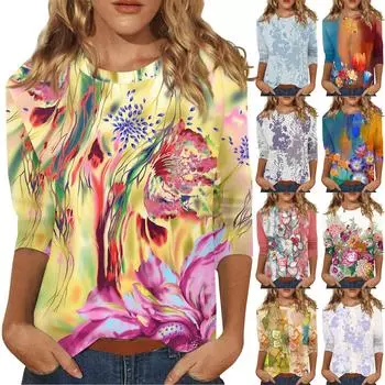 Рубашки с рукавом 3/4 для женщин, футболки с графическим принтом, блузки, повседневные базовые топы, пуловеры L золотой