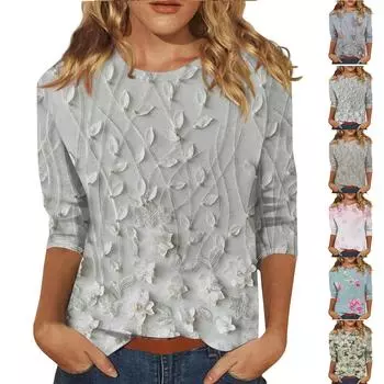 Рубашки с рукавом 3/4 для женщин, милые топы, футболки с рисунком, блузки, повседневные базовые топы больших размеров, пуловеры L бежевый