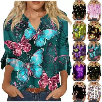 Рубашки с рукавом 3/4 для женщин, футболки с рисунком и принтом бабочки, блузки, повседневные базовые топы больших размеров, пуловеры L чёрный