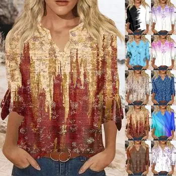 Рубашки с рукавом 3/4 для женщин, футболки с рисунком и принтом, блузки, повседневные базовые топы больших размеров, пуловеры XXXL чёрный