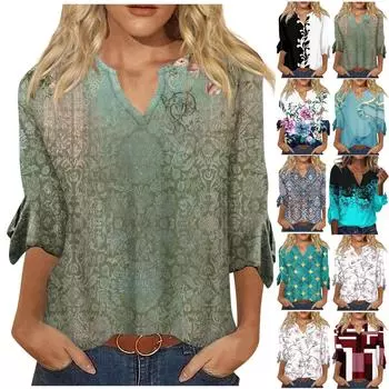 Рубашки с рукавом 3/4 для женщин, футболки с рисунком и принтом, блузки, повседневные базовые топы больших размеров, пуловеры XXXL чёрный