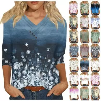 Рубашки с рукавом 3/4 для женщин, футболки с рисунком и принтом, блузки, повседневные базовые топы больших размеров, пуловеры S