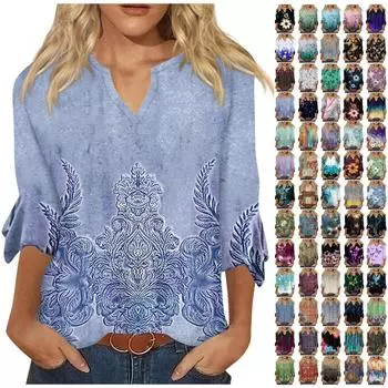 Рубашки с рукавом 3/4 для женщин, футболки с рисунком и принтом, блузки, повседневные базовые топы больших размеров, пуловеры XXXL синий
