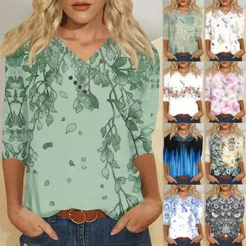 Рубашки с рукавом 3/4 для женщин, футболки с рисунком и принтом, блузки, повседневные базовые топы больших размеров, пуловеры XXXL