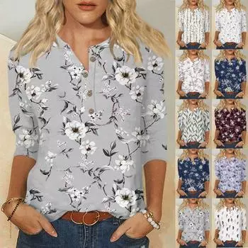 Рубашки с рукавом 3/4 для женщин, милые футболки с цветочным принтом и графическим принтом, блузки, повседневные базовые топы больших размеров, пуловеры XXXL зелёный