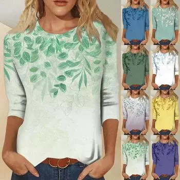 Рубашки с рукавом 3/4 для женщин, милые футболки с графическим принтом, блузки, повседневные базовые топы больших размеров, пуловеры XL зелёный