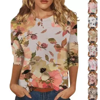 Рубашки с рукавом 3/4 для женщин, милые топы, футболки с рисунком, блузки, повседневные базовые топы больших размеров, пуловеры L бежевый