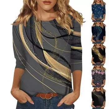 Рубашки с рукавом 3/4 для женщин, милые топы, футболки с рисунком, блузки, повседневные базовые топы больших размеров, пуловеры L чёрный