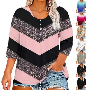 Рубашки с рукавом 3/4 для женщин, футболки с рисунком и пуговицами, блузки с v-образным вырезом, повседневные базовые топы больших размеров, пуловеры XXL бежевый