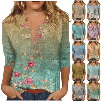 Рубашки с рукавом 3/4 для женщин, милые футболки с графическим принтом, блузки, повседневные базовые топы на пуговицах больших размеров, пуловеры XXL