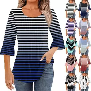 Рубашки с рукавом 3/4 для женщин, топы, нарядные повседневные блузки, плиссированные топы-туники с круглым вырезом M синий