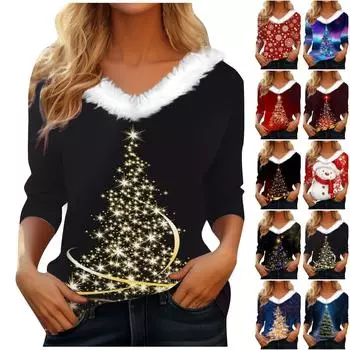 Рубашки с рукавом 3/4 для женщин, рождественские футболки с графическим принтом, блузки, повседневные базовые топы на пуговицах больших размеров, пуловеры L жёлтый