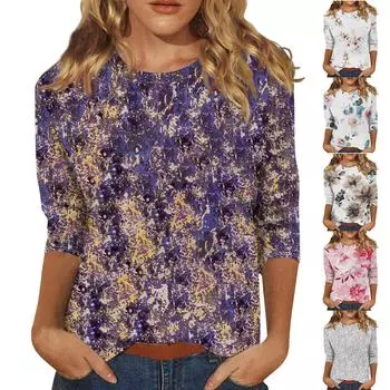 Рубашки с рукавом 3/4 для женщин, милые топы, футболки с рисунком, блузки, повседневные базовые топы больших размеров, пуловеры XXXL