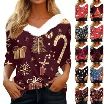 Рубашки с рукавом 3/4 для женщин, рождественские футболки с графическим принтом, блузки, повседневные базовые топы на пуговицах больших размеров, пуловеры S