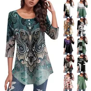Рубашки с рукавом 3/4 для женщин с принтом, повседневная футболка на пуговицах с круглым вырезом и верхом с изогнутым краем L