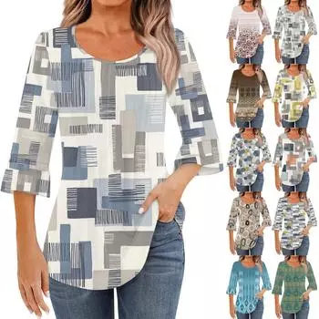Рубашки с рукавом 3/4 для женщин, топы, нарядные повседневные блузки, плиссированные топы-туники с круглым вырезом XXL