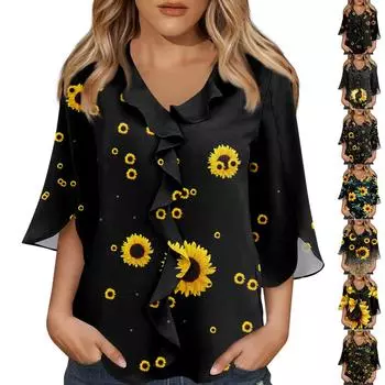 Рубашки с рукавом 3/4 для женщин, милые топы, футболки с рисунком, блузки, повседневные базовые топы больших размеров, пуловеры L чёрный