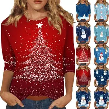 Рубашки с рукавом 3/4 для женщин, футболки с принтом, блузки, повседневные, больших размеров, базовые топы, пуловеры XXXL