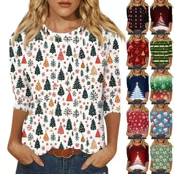 Рубашки с рукавом 3/4 для женщин Милые рождественские принты Графические футболки Блузки Повседневные Большие размеры Базовые топы Пуловеры XXXL оранжевый