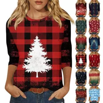 Рубашки с рукавом 3/4 для женщин Милые рождественские принты Графические футболки Блузки Повседневные Большие размеры Базовые топы Пуловеры M синий