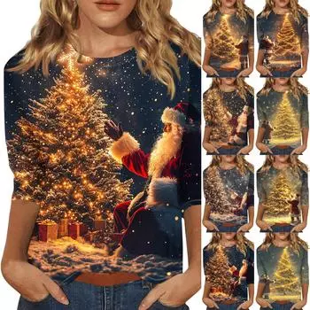 Рубашки с рукавом 3/4 для женщин, футболки с принтом, блузки, повседневные, больших размеров, базовые топы, пуловеры XXXL