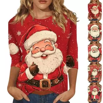 Рубашки с рукавом 3/4 для женщин, футболки с принтом, блузки, повседневные, больших размеров, базовые топы, пуловеры XL винный