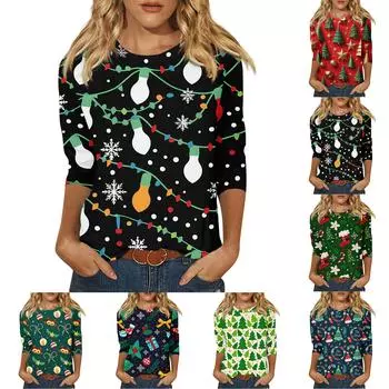 Рубашки с рукавом 3/4 для женщин с рождественским принтом, графические футболки, блузки, повседневные, больших размеров, базовые топы, пуловеры L темно-зеленого