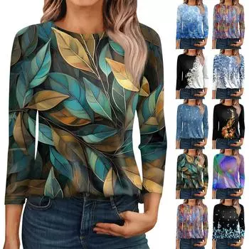 Рубашки с рукавом 3/4 для женщин, милые футболки с графическим принтом, блузки, повседневные базовые топы больших размеров, пуловеры L чёрный