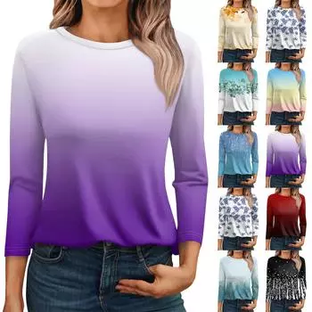 Рубашки с рукавом 3/4 для женщин, милые футболки с графическим принтом, блузки, повседневные базовые топы больших размеров, пуловеры L чёрный