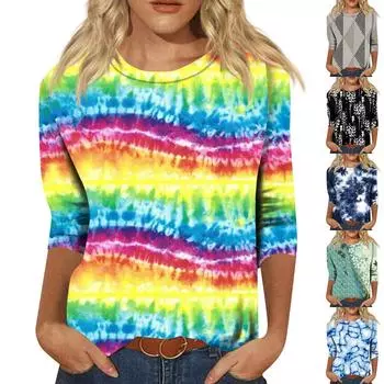 Рубашки с рукавом 3/4 для женщин, милые топы, футболки с рисунком, блузки, повседневные базовые топы больших размеров, пуловеры M тёмно-синий