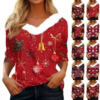 Рубашки с рукавом 3/4 для женщин, рождественские футболки с графическим принтом, блузки, повседневные базовые топы на пуговицах больших размеров, пуловеры XXL