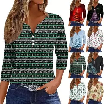Рубашки с рукавом 3/4 для женщин, милые принты, графические футболки, блузки, повседневные блузки, туники с V-образным вырезом, топы XXL белый